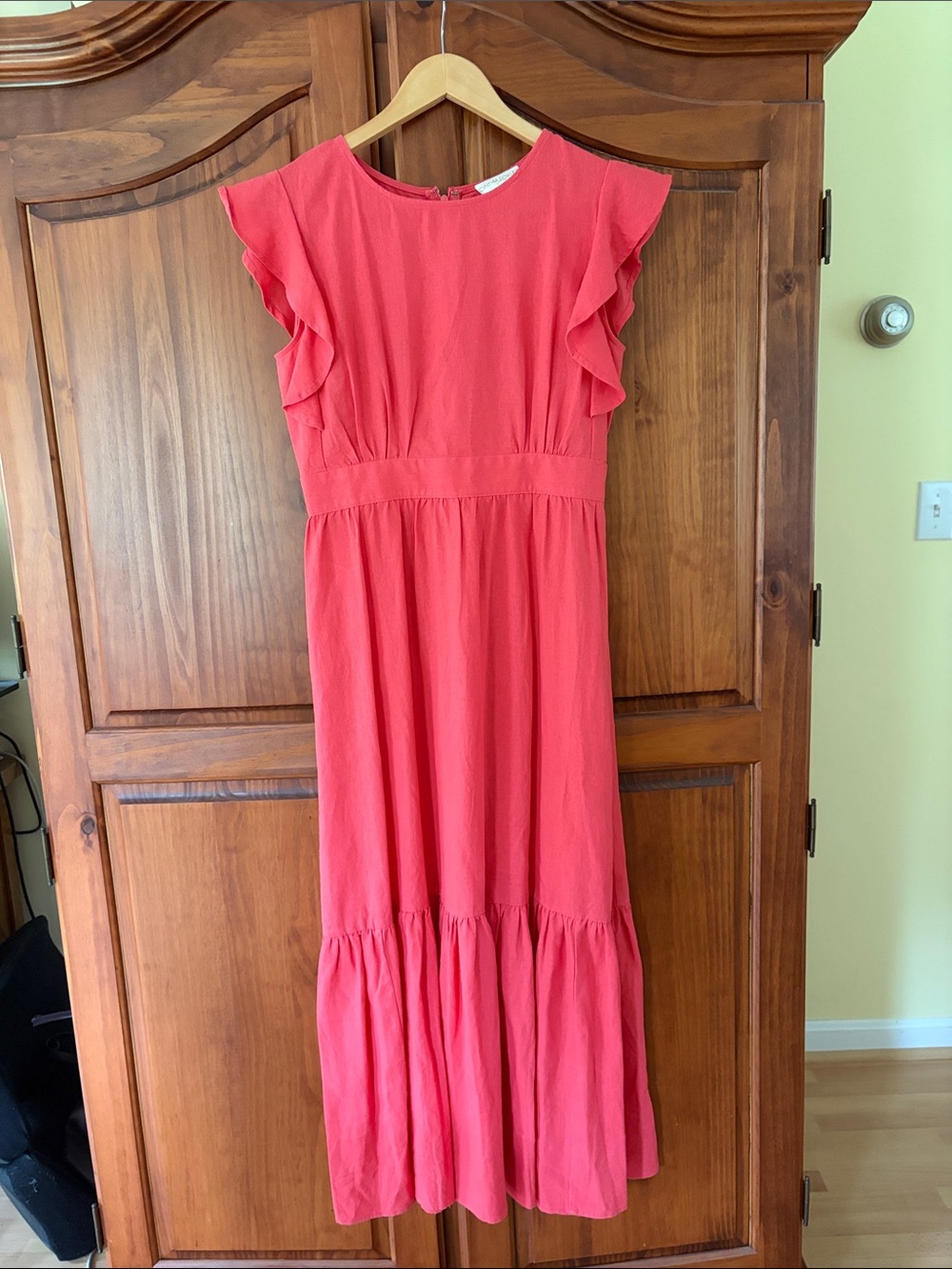 Cynthia Rowley Coral Tiered Linen Maxi Dress. Flutter Sleeve Lagenlook Size S